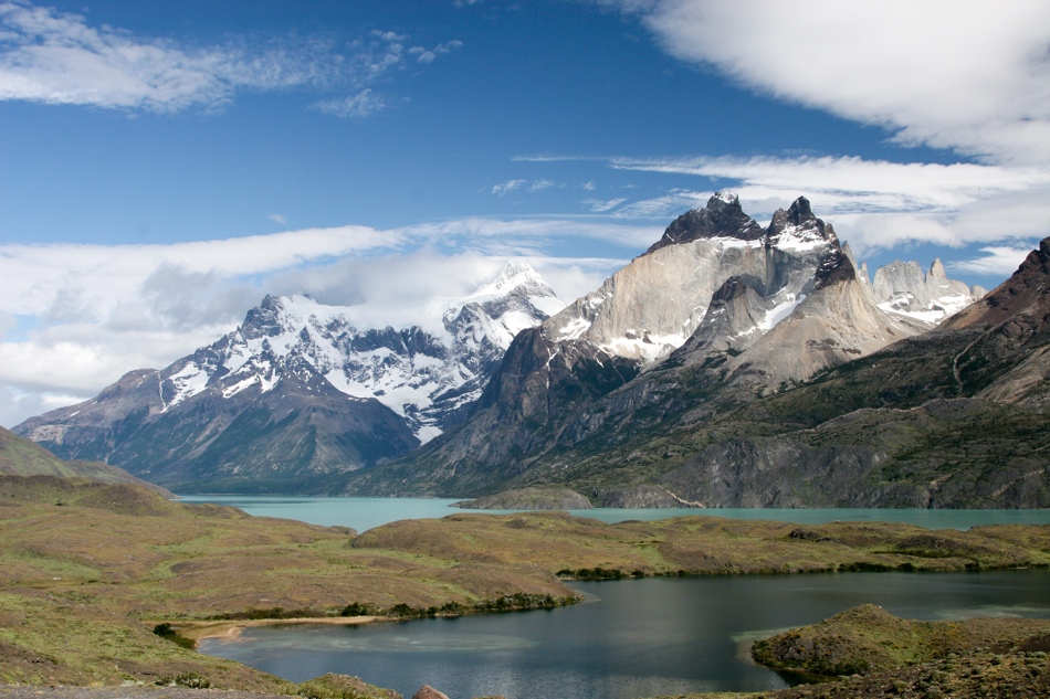 Cuernos del Paine or “Horns of Blue” are seen over Lake Pehoe and Lake Sarmiento.